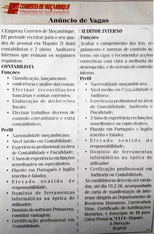 Anúncio de Emprego da empresa Correios de Moçambique
